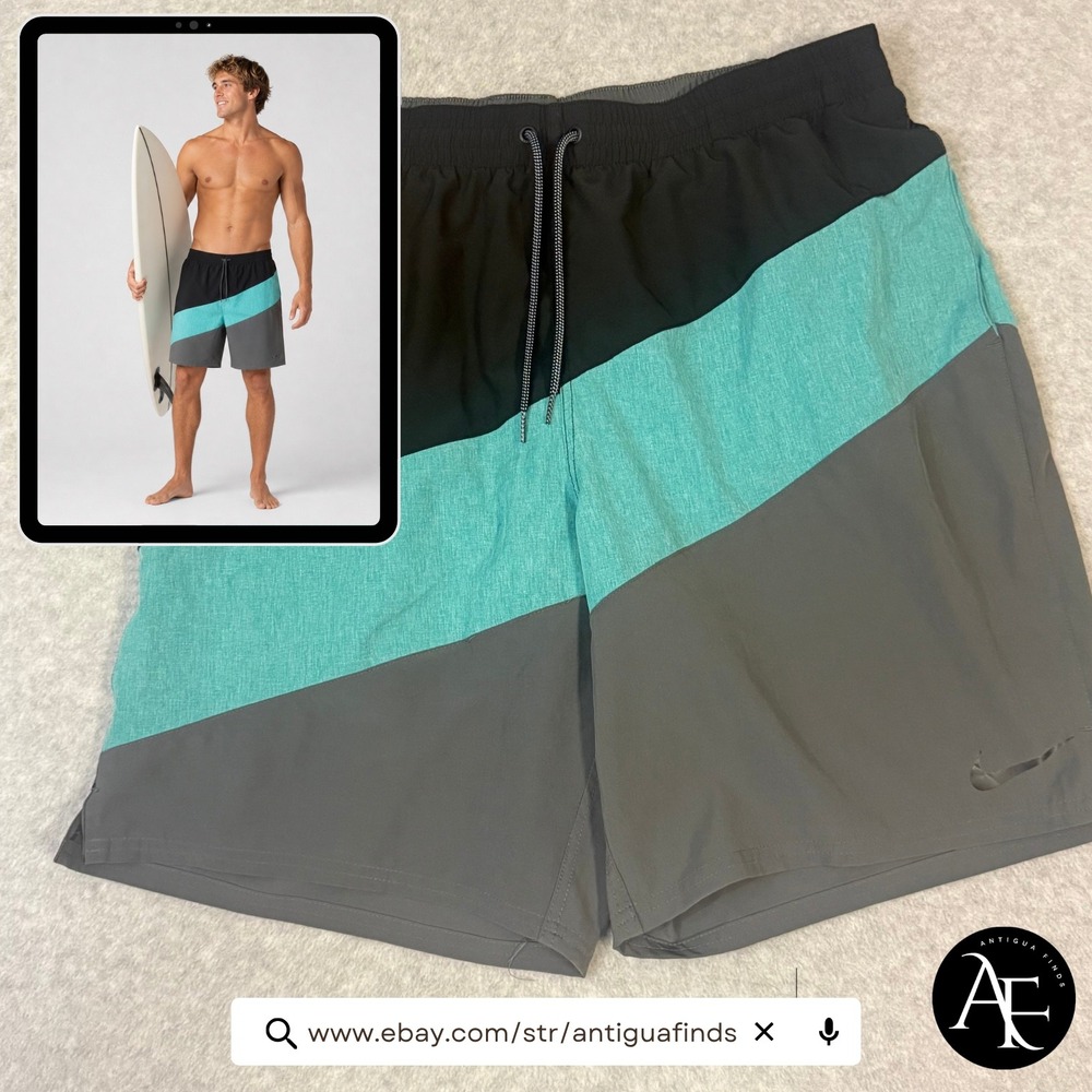 Nike Mens XL Swim Trunks Colorblock Black Teal Grey NESSC521 Mesh Lined